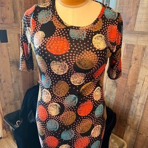 LADIES WOMENS SIZE MED LULA ROE DRESS BROWN ORANGE BLUE PINK DOTS